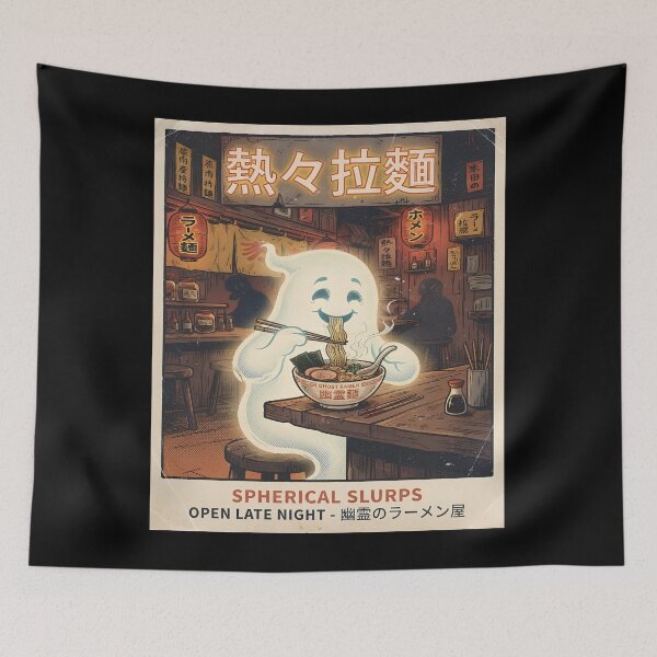Item preview, Spooky Ghost Eating Ramen Vintage 70s Poster Art – Retro Japanese Chinese Noodle Shop designed and sold by justyna-s28.