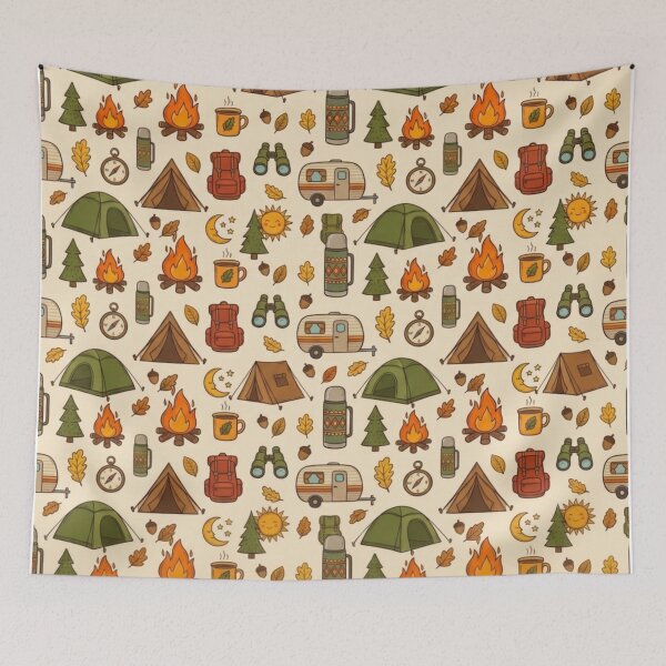Item preview, Retro Hand Drawn Camping and Hiking Seamless Pattern designed and sold by GabeMountainArt.