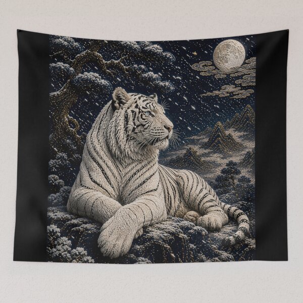 Aperçu de l'œuvre White Tiger Under the Full Moon – Snowy Mountain Night Fantasy Art créée et vendue par ManJiangHong.