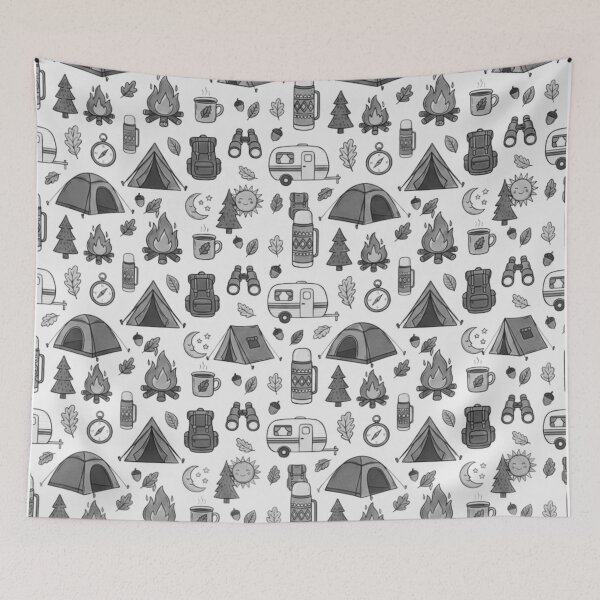 Item preview, Retro Hand Drawn Camping and Hiking Seamless Pattern designed and sold by GabeMountainArt.