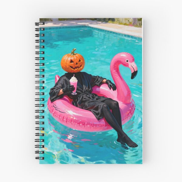 Item preview, Pumpkin Flamingo Pool Print - Funny Halloween Wall Art - A3 A4 A5 - Quirky Autumn Decor designed and sold by QuietCanvasArtworks.