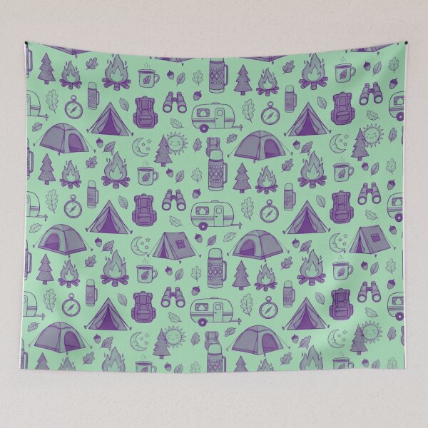 Item preview, Retro Hand-Drawn Camping and Hiking Seamless Pattern designed and sold by GabeMountainArt.