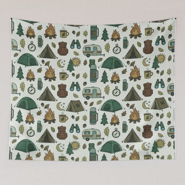 Item preview, Retro Hand-Drawn Camping and Hiking Seamless Pattern designed and sold by GabeMountainArt.