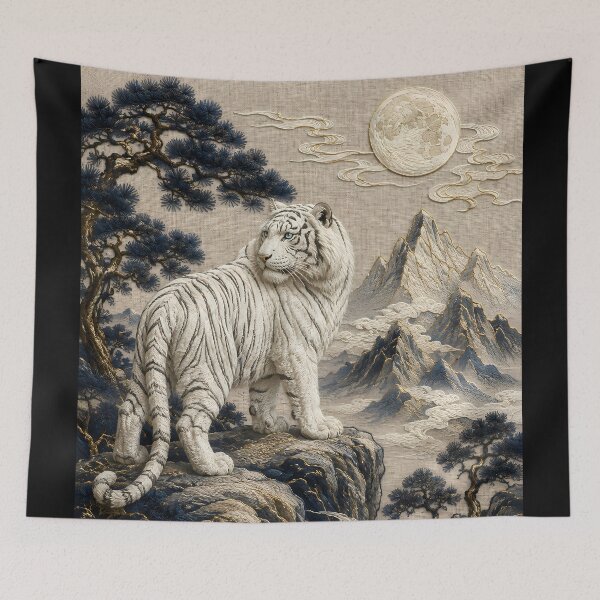 Aperçu de l'œuvre White Tiger Under the Full Moon – Majestic Mountain Landscape créée et vendue par ManJiangHong.