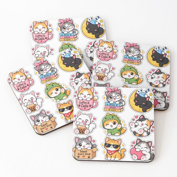 Item preview, Cute Kawaii Cat Sticker Collection – Coffee, Boba, Books, Dino & Cozy Kitty designed and sold by ghatwalsachin.