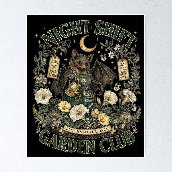 Item preview, Night Shift Garden Club Cute Bat Gardener Moonflower Art designed and sold by VioletNance.