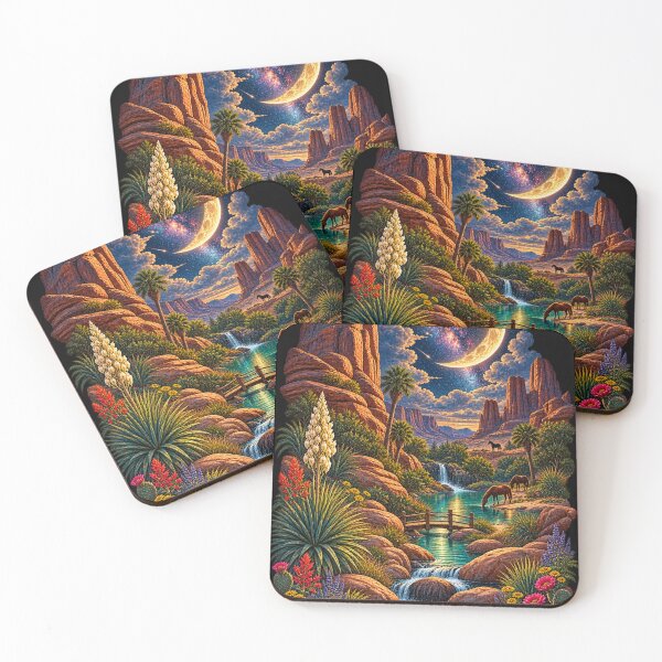 Item preview, Desert Canyon Oasis Fantasy Landscape Galaxy Moon Art Print designed and sold by irfanshikh.
