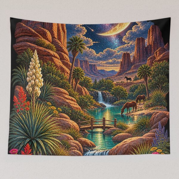 Item preview, Desert Canyon Oasis Fantasy Landscape Galaxy Moon Art Print designed and sold by irfanshikh.