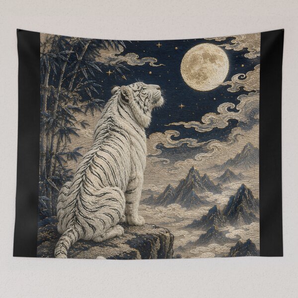 Item preview, White Tiger Gazing at the Full Moon – Asian Mountain Landscape designed and sold by ManJiangHong.