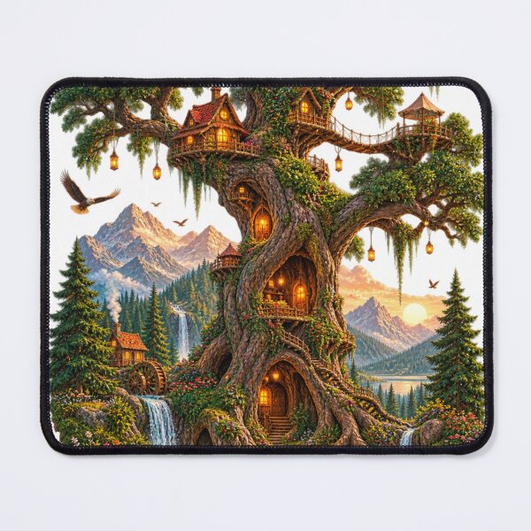 Item preview, Fantasy Giant Tree Treehouse Magical Forest Landscape Art Print designed and sold by irfanshikh.