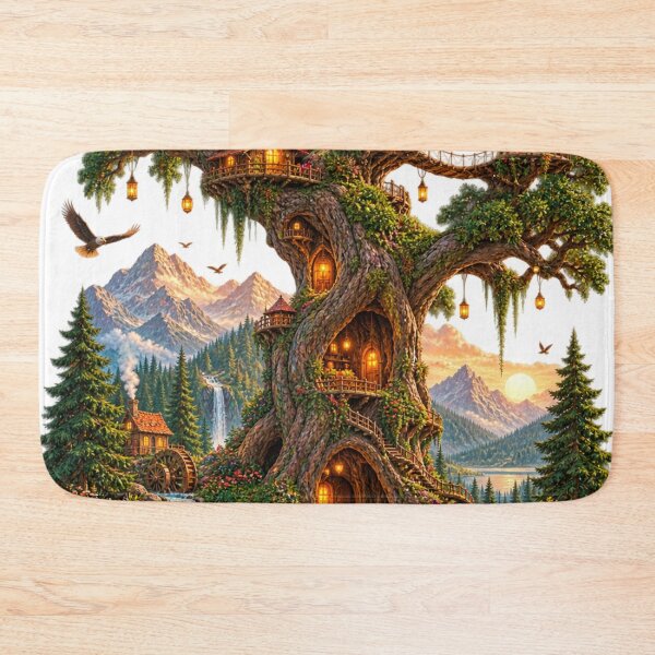 Item preview, Fantasy Giant Tree Treehouse Magical Forest Landscape Art Print designed and sold by irfanshikh.