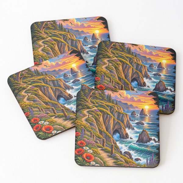 Item preview, Coastal Cliff Path Sunset Poppies Sea Rocks Landscape Art Print designed and sold by irfanshikh.