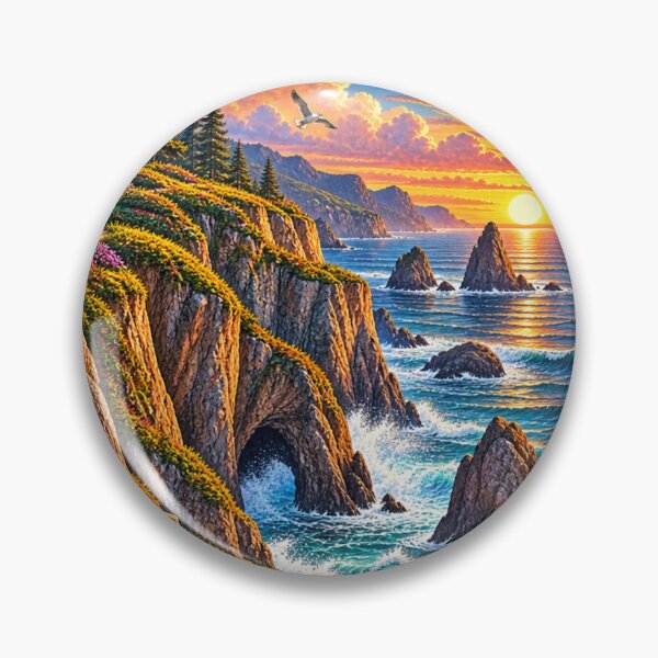 Item preview, Coastal Cliff Path Sunset Poppies Sea Rocks Landscape Art Print designed and sold by irfanshikh.