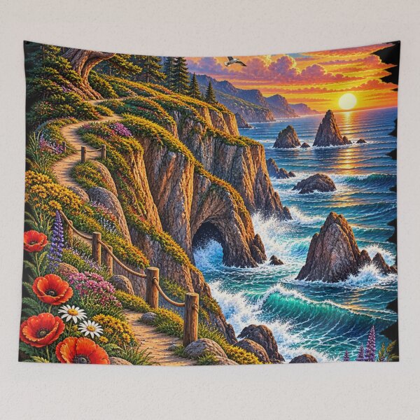 Item preview, Coastal Cliff Path Sunset Poppies Sea Rocks Landscape Art Print designed and sold by irfanshikh.