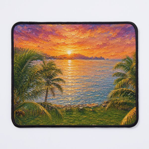 Item preview, Khanom Golden Palm Sunset, Tropical Beach Ocean Oil Painting designed and sold by BlossoraStudio.