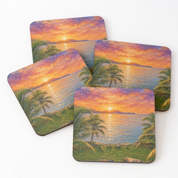 Artikelvorschau, Khanom Golden Palm Sunset, Tropical Beach Ocean Ölgemälde entworfen und verkauft von BlossoraStudio.