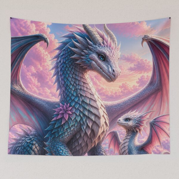 Item preview, Pastel Blue Dragons in Magical Pink Clouds – Cute Fantasy Dragon Family Artwork designed and sold by DrakariArt.
