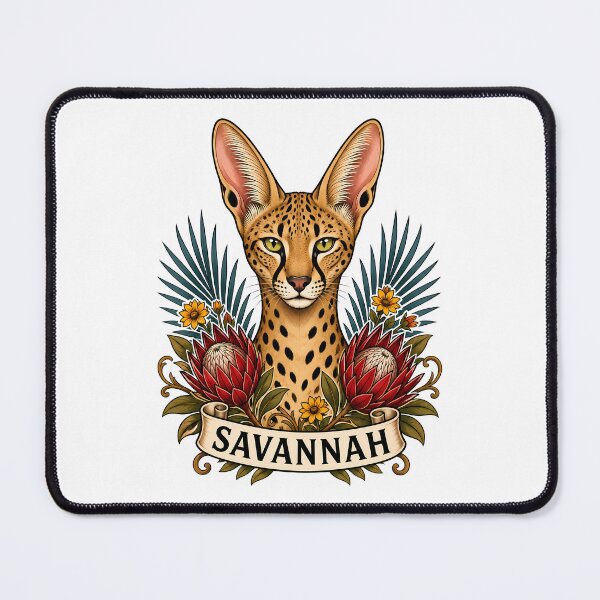 Item preview, Savannah Cat Protea Flower Tattoo Art designed and sold by Old's Cool Cat Studio.