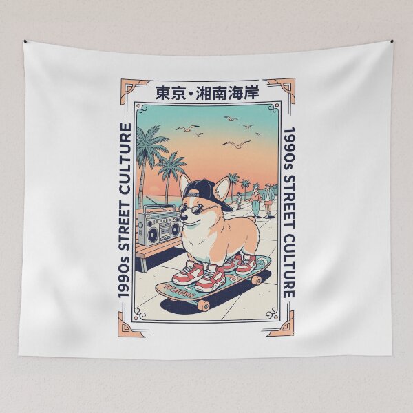Item preview, Retro 90s Corgi Skater City Pop Tokyo Beach Streetwear Aesthetic designed and sold by mood-draftsman.