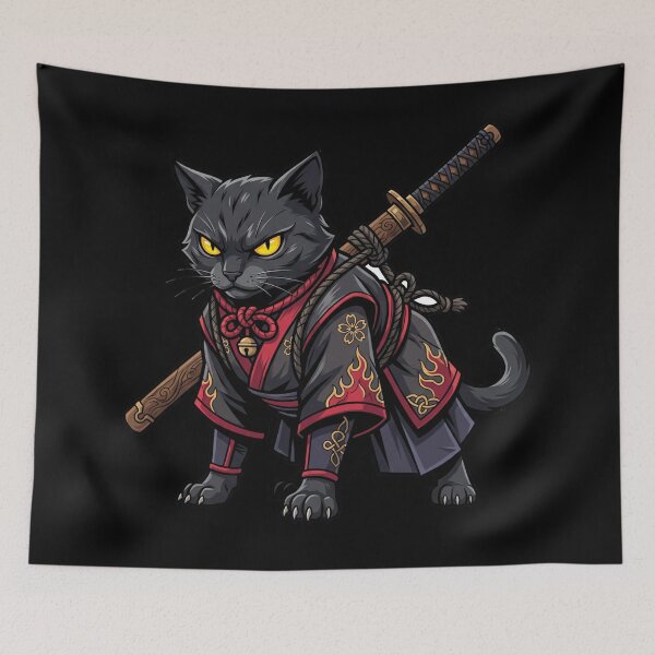 Item preview, Black Cat Ninja Samurai Katana Japanese Shinobi Warrior Aesthetic designed and sold by mood-draftsman.