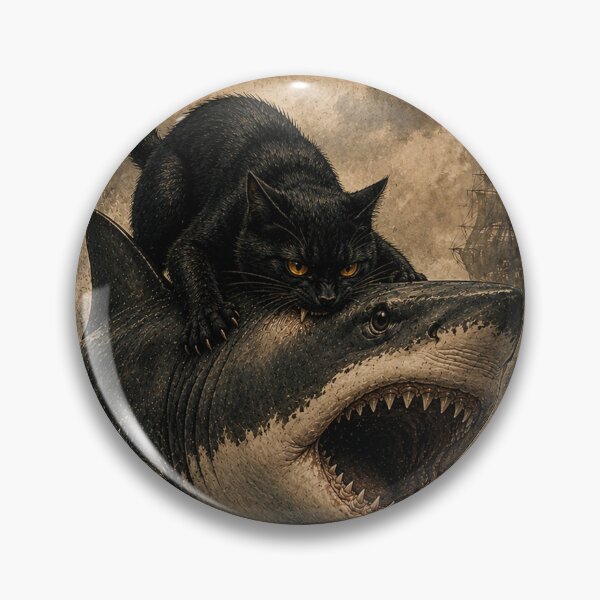 Item preview, Black Cat Riding a Great White Shark – Vintage Nautical Fantasy designed and sold by will freed18.