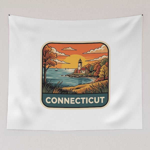 Item preview, Retro Connecticut Coastal Lighthouse Autumn Travel Badge designed and sold by Paper Drip.