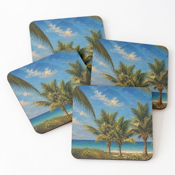Item preview, Coconut Tree Seascape, Tropical Beach Sunset Oil Painting designed and sold by BlossoraStudio.