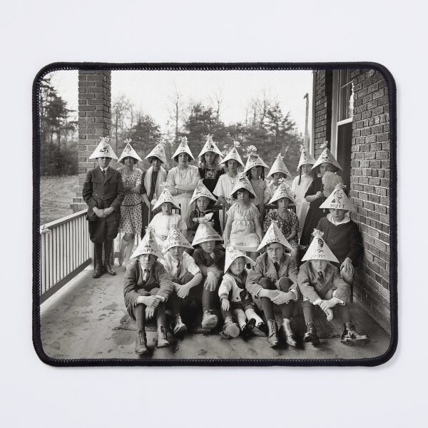 Item preview, Dunce cap alley, kids wearing party hats funny humorous black and white vintage photograph designed and sold by Astrid Arkhangelsky.