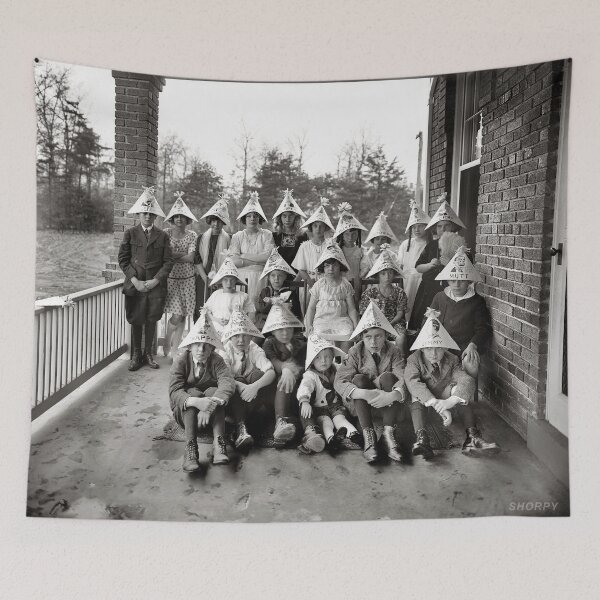 Item preview, Dunce cap alley, kids wearing party hats funny humorous black and white vintage photograph designed and sold by Astrid Arkhangelsky.