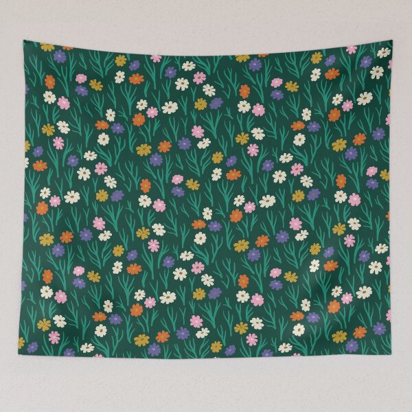 Item preview, Cosmos Flowers in Rainbow Hues on Dark Green designed and sold by Ema Tudose.