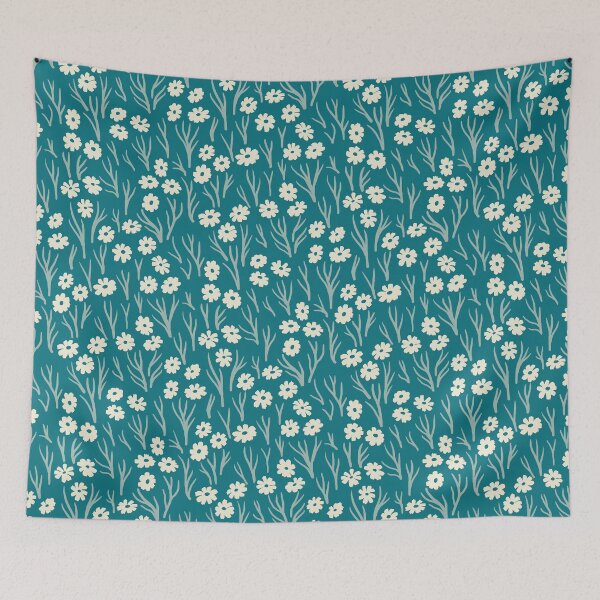 Item preview, Cosmos Flowers in Cream on Teal Blue designed and sold by Ema Tudose.