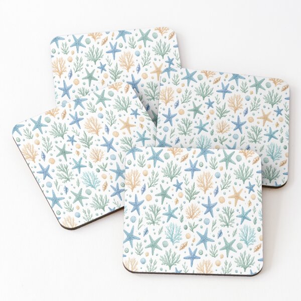 Item preview, Coastal Starfish Coral and Seaweed Pattern on White designed and sold by Creativveworrld03.