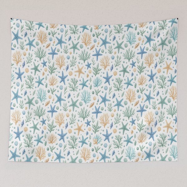 Item preview, Coastal Starfish Coral and Seaweed Pattern on White designed and sold by Creativveworrld03.