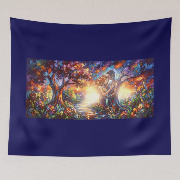 Item preview, Romantic Lovers in Enchanted Forest Canvas Wall Art | Surrealist Impasto Sunset Painting Print | Colorful Tree of Life Couple Poster | Expressionist Sunset Decor designed and sold by SergioMiklos.