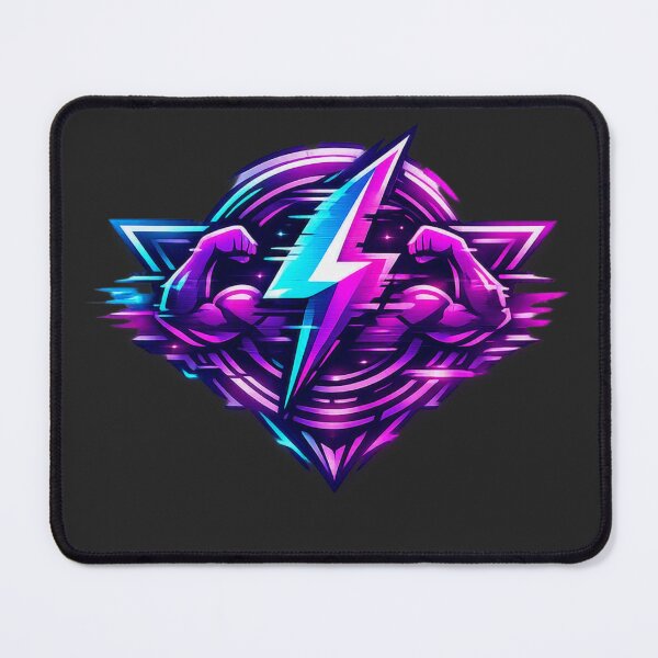 Item preview, Cybernetic Power - Synthwave Biceps & Lightning Gym Emblem designed and sold by StorySeller85.