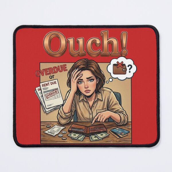 Item preview, Ouch Overdue Rent Due - Stressed Woman Broke Bills Comic Art designed and sold by Northern Glow Art.