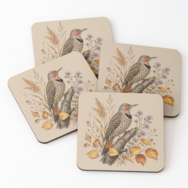 Item preview, Northern Flicker Woodpecker with Autumn Asters & Birch designed and sold by BirdsnStuff.