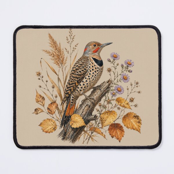 Item preview, Northern Flicker Woodpecker with Autumn Asters & Birch designed and sold by BirdsnStuff.