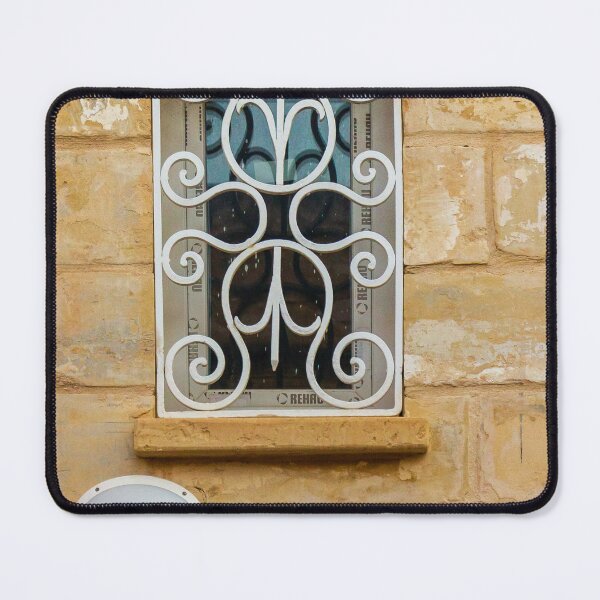 Item preview, Ornate Wrought Iron Window Grille on Rustic Stone Wall With Exterior Light Fixture designed and sold by Nmallia.