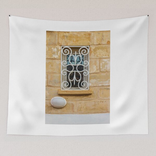 Item preview, Ornate Wrought Iron Window Grille on Rustic Stone Wall With Exterior Light Fixture designed and sold by Nmallia.