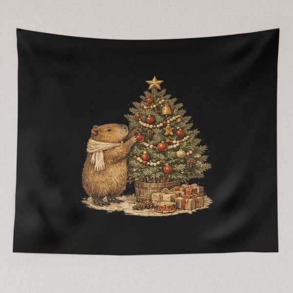 Item preview, Capybara Decorating Christmas Tree Cozy Vintage Gift designed and sold by Artycom.