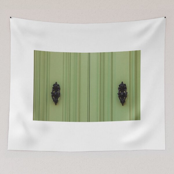 Item preview, Green Paneled Double Door With Ornate Black Metal Door Knockers And Symmetrical Vintage Detail designed and sold by Nmallia.
