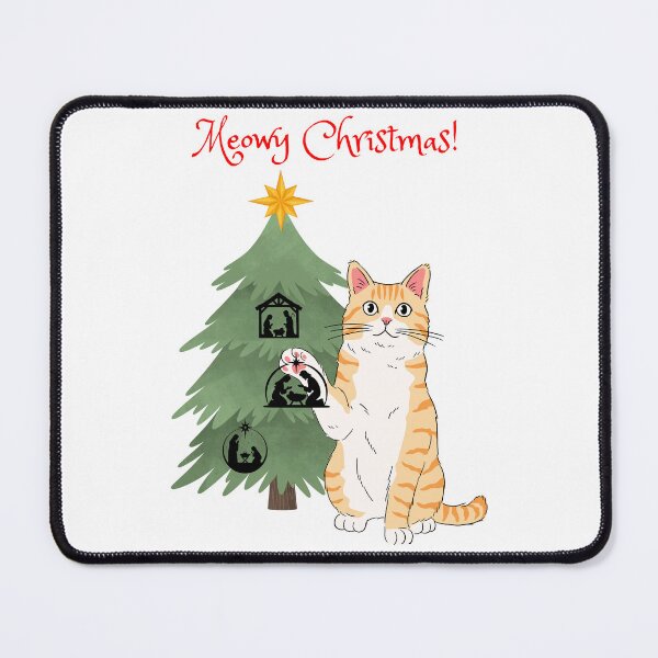 Item preview, Meowy Christmas Orange Cat with Nativity Christmas Tree designed and sold by MYCatStuff.