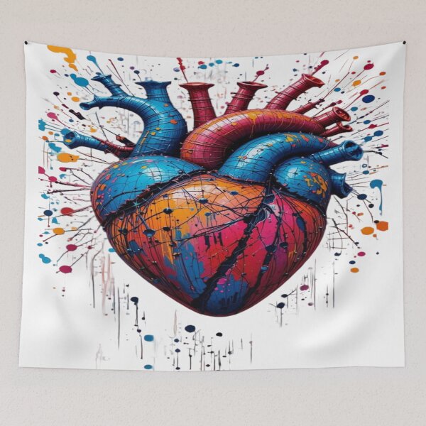 Item preview, The Heart Bursting with Colors and Emotions, Artistic Anatomical Heart - 3D Art with Multicolored Paint Splashes and Cracks designed and sold by RAYBIL.