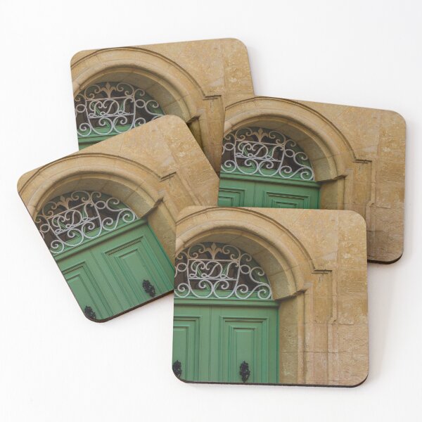 Item preview, Green Wooden Door Set in Stone Arch With Decorative Wrought Iron Grille and Vintage Details designed and sold by Nmallia.