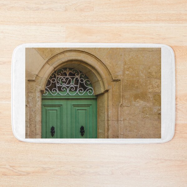 Item preview, Green Wooden Door Set in Stone Arch With Decorative Wrought Iron Grille and Vintage Details designed and sold by Nmallia.