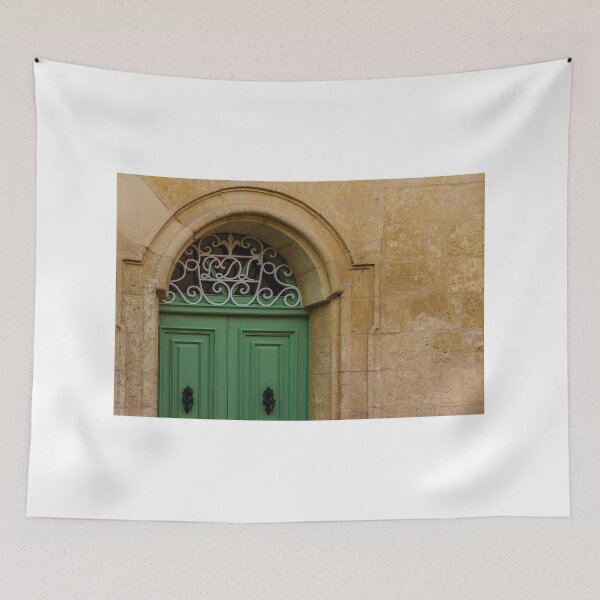 Item preview, Green Wooden Door Set in Stone Arch With Decorative Wrought Iron Grille and Vintage Details designed and sold by Nmallia.