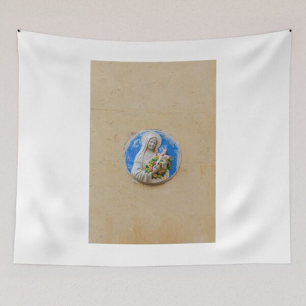 Item preview, Virgin Mary Ceramic Wall Plaque Religious Icon With Roses and Cross on Plaster Wall designed and sold by Nmallia.