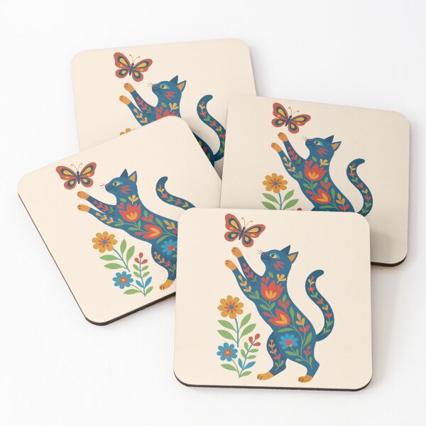 Item preview, Whimsical Floral Cat & Butterfly – Folk Art Nordic Scandinavian Art designed and sold by ZanyPaintbrush.