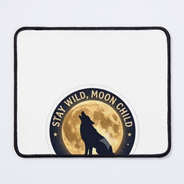 Item preview, "Stay Wild, Moon Child" – Retro-gothic badge with a howling wolf silhouette against a giant golden full moon designed and sold by littleearty.